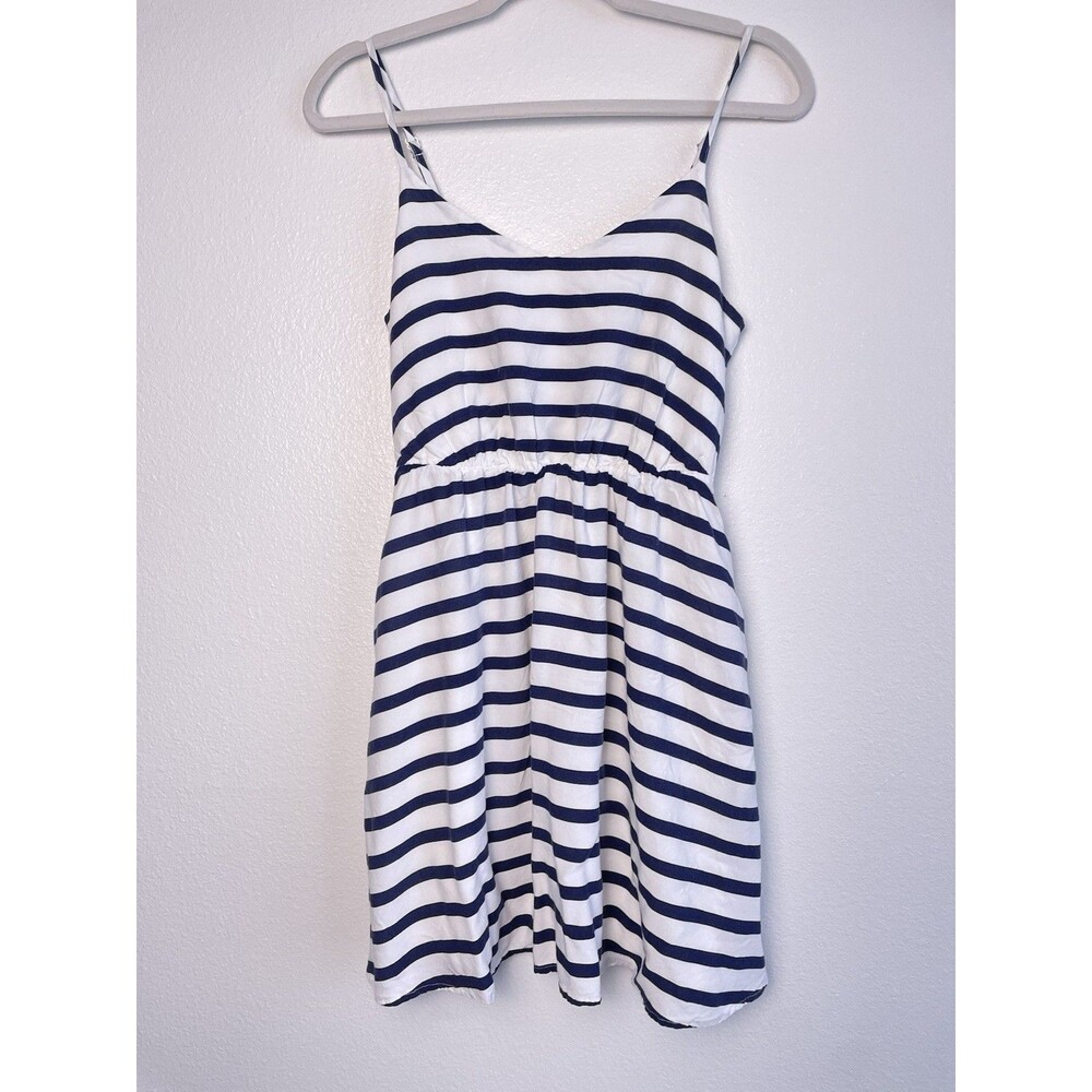 Lauren Conrad Size 8 Rayon Dress Navy Blue White striped Mini Strap Nautical